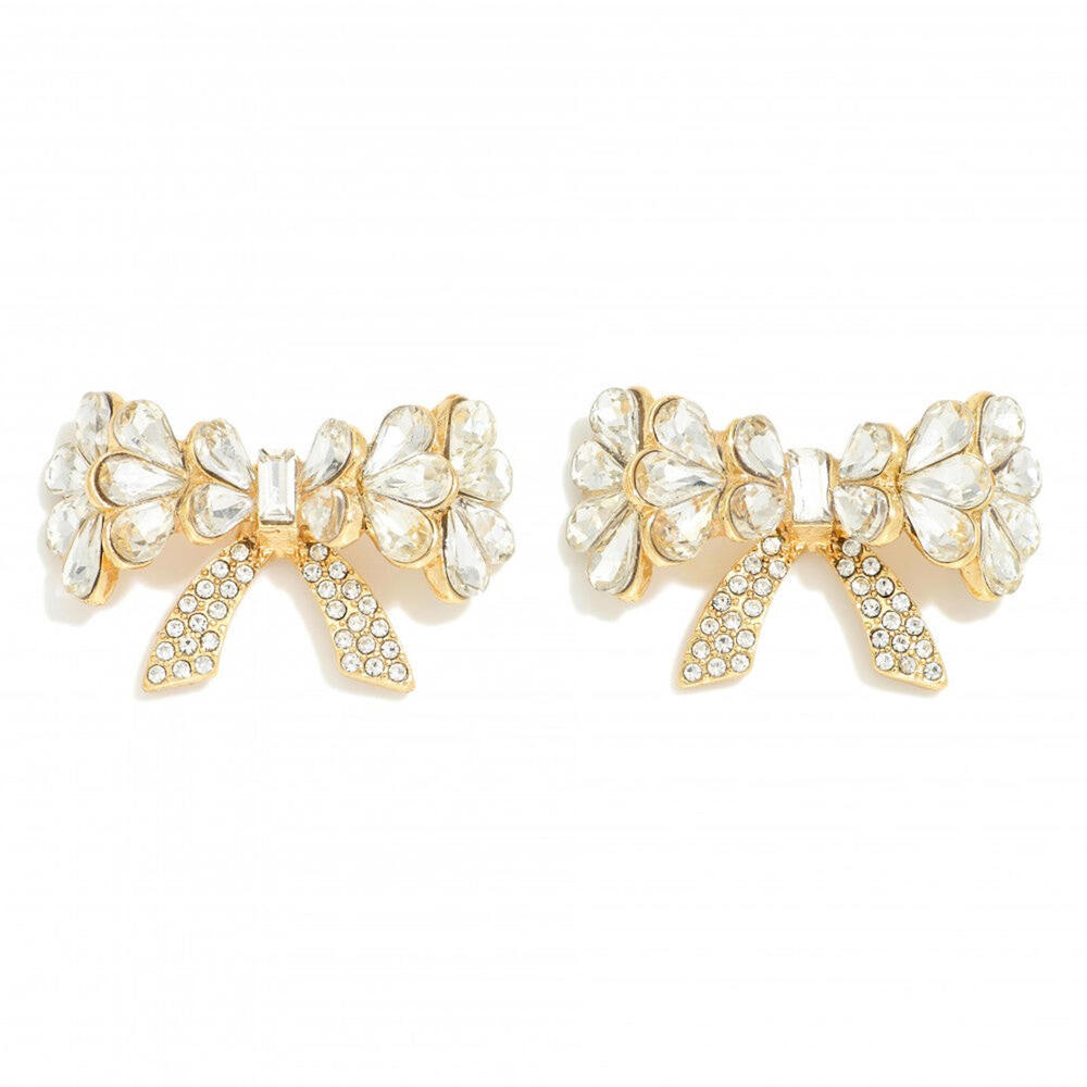 Teardrop Rhinestone Studded Bow Oversized Stud Earrings - Gold
